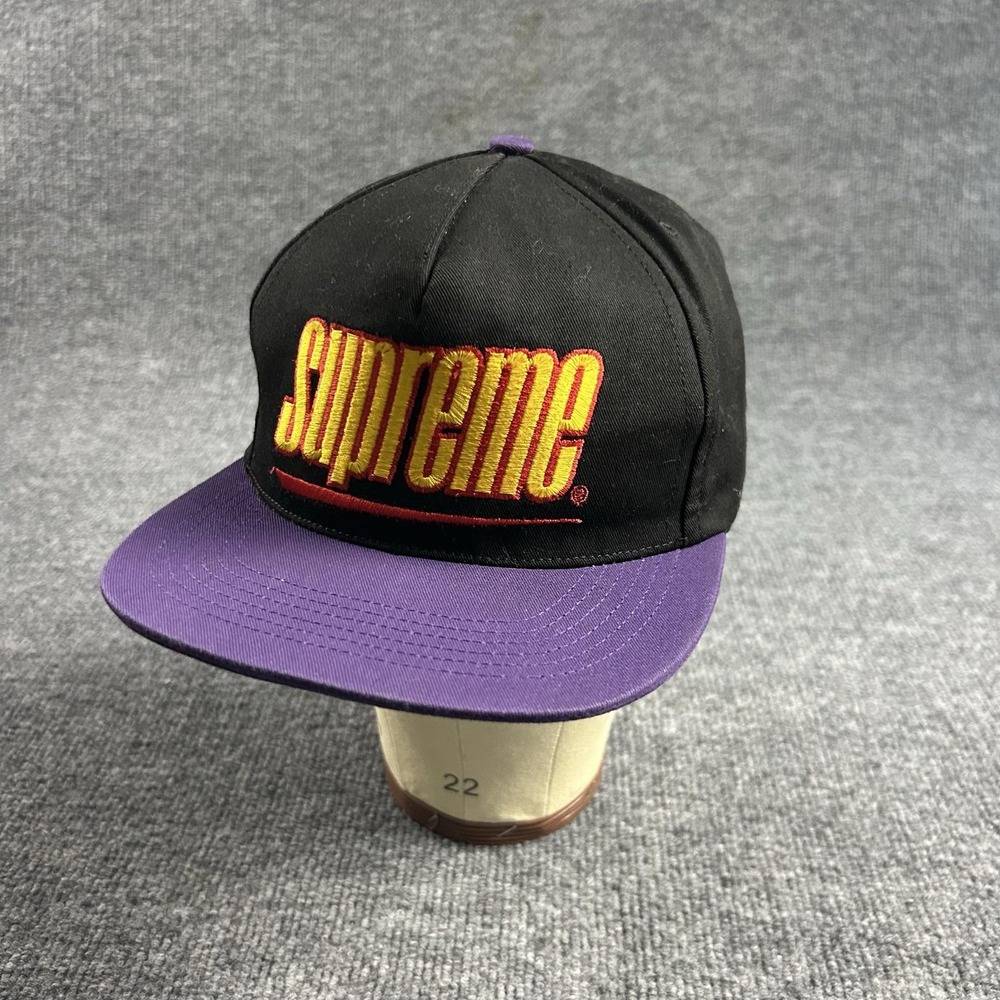 Supreme Hat Cap Snap Back One Size Black Purple Script Embroidered Made USA Mens